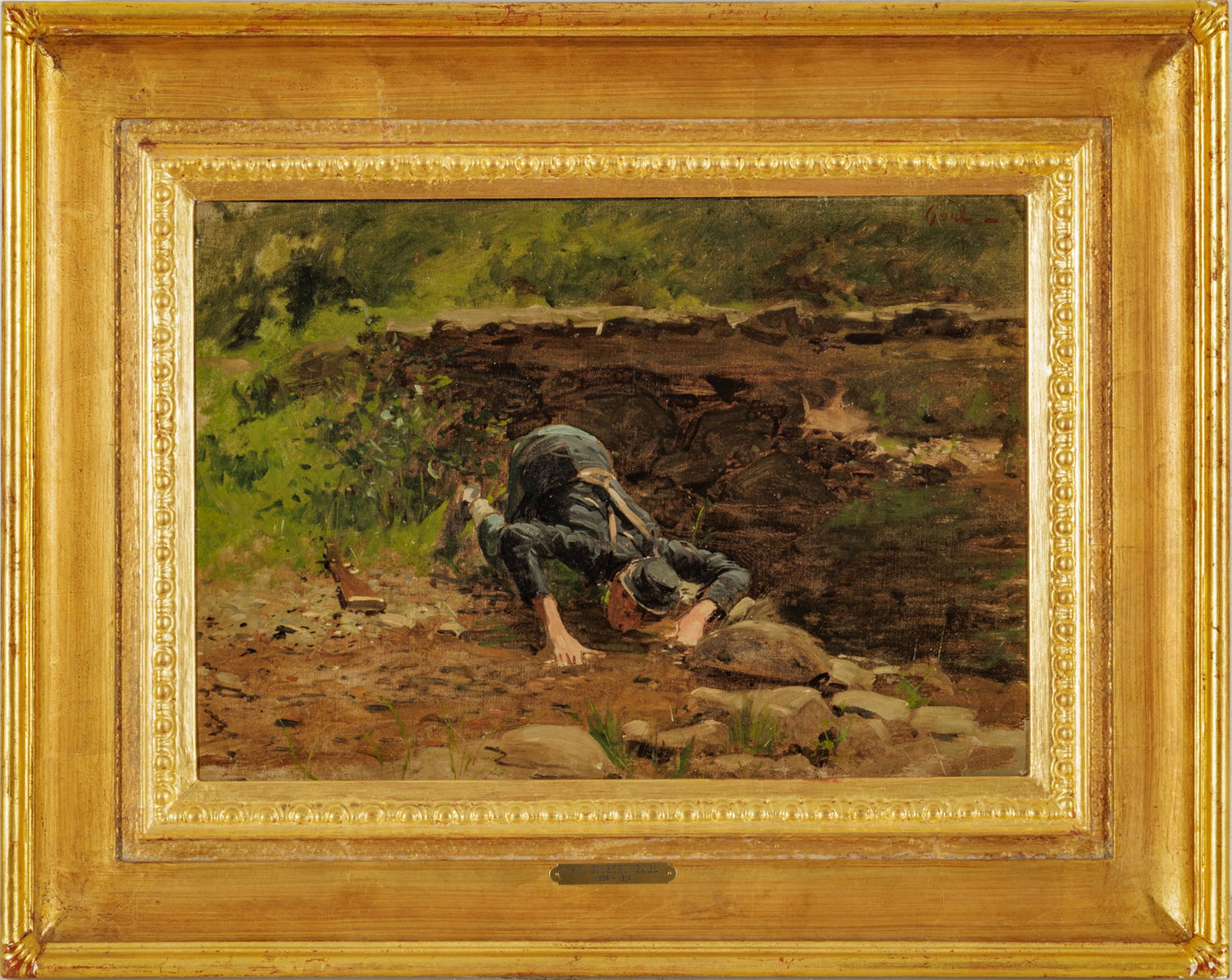 Gilbert Gaul (American, 1855-1919) Oil On Canvas, "At The Stream", H 14" W 20": Gilbert Gaul (American, 1855-1919) Oil On Canvas, "At The Stream", H 14" W 20" | Signed in the upper right. Depicting a Union soldier bent over at the edge of a stream to get a drink of water. Having