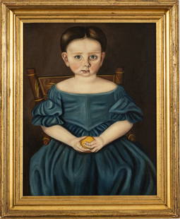 American School Oil On Canvas Ca. 1830-40, Portrait Of A Young Girl, H 23" W 18": American School Oil On Canvas Ca. 1830-40, Portrait Of A Young Girl, H 23" W 18" | Depicting a young girl in a blue dress holding a lemon while seated in a painted wood chair. No apparent signature. I