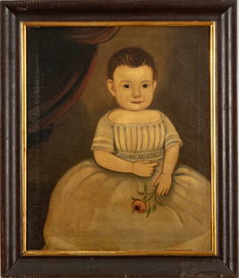 Attributed to William Matthew Prior (American, 1806-1873) Oil On Canvas, Portrait Of Charles: Attributed to William Matthew Prior (American, 1806-1873) Oil On Canvas, Portrait Of Charles Franklin Peel | Primitive American portrait of Charles Franklin Peel as a young boy holding a rose. Curtain