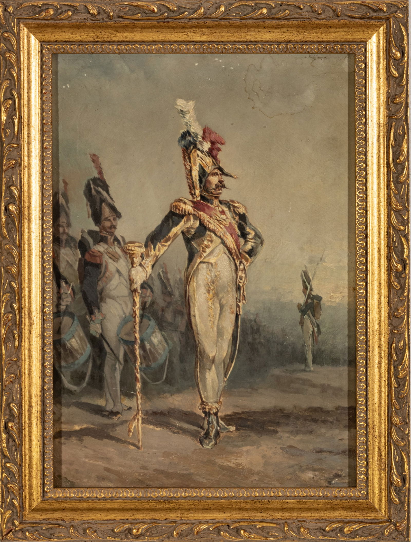 French Oil On Beveled Mahogany Panel, 19th C., Grenadiers, H 13" W 9.25" (1 of 3)