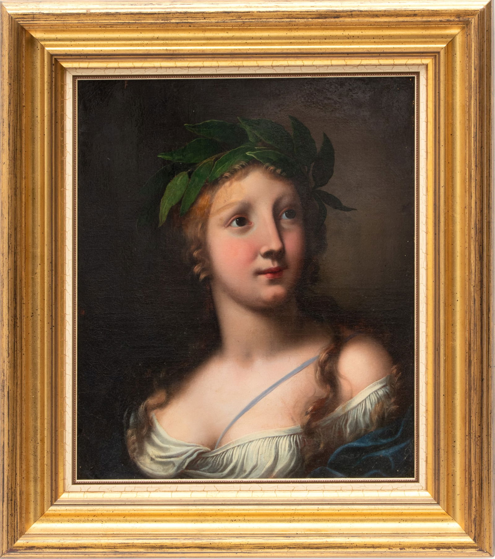 Attributed to Benjamin West (American, 1738-1820) Oil On Canvas, Ca. 1805, "Flora", H 18" W 15.25": Attributed to Benjamin West (American, 1738-1820) Oil On Canvas, Ca. 1805, "Flora", H 18" W 15.25" | 1/4 length portrait of a woman as the Roman Goddess Flora with a laurel leaf crown. Monogrammed "B: