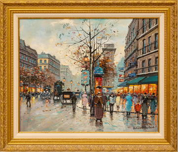 Antoine Blanchard (French, 1910-1988) Oil On Canvas, Circa 1980 H 20", W 24" Porte Saint Denis: Antoine Blanchard (French, 1910-1988) Oil On Canvas, Circa 1980 H 20", W 24" Porte Saint Denis | Signed In The Lower Right. Rainy Parisian Street Scene With Horse-Drawn Carriages And Numerous Figures.