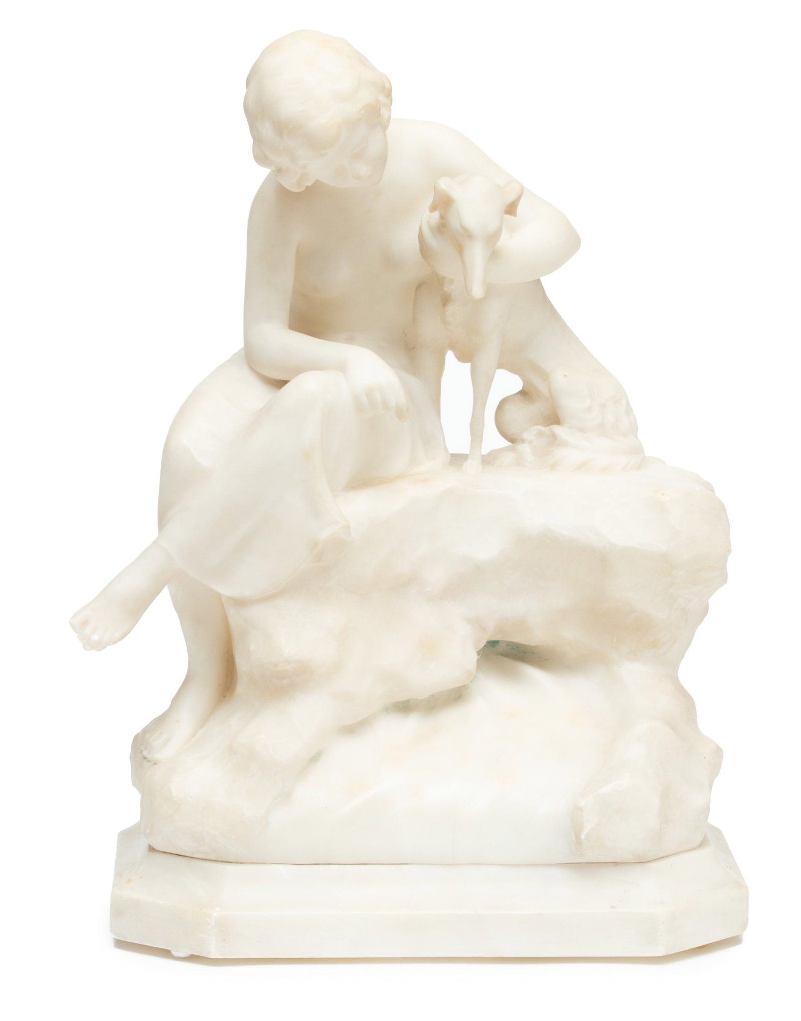 Carved Alabaster Sculptural Lamp, Ca. 1930, Woman With Greyhound, H 16.5" W 11.5" Depth 6.5": Carved Alabaster Sculptural Lamp, Ca. 1930, Woman With Greyhound, H 16.5" W 11.5" Depth 6.5" | Depicting a figural grouping of a semi-nude young woman embracing a greyhound. Electrified with toggle sw