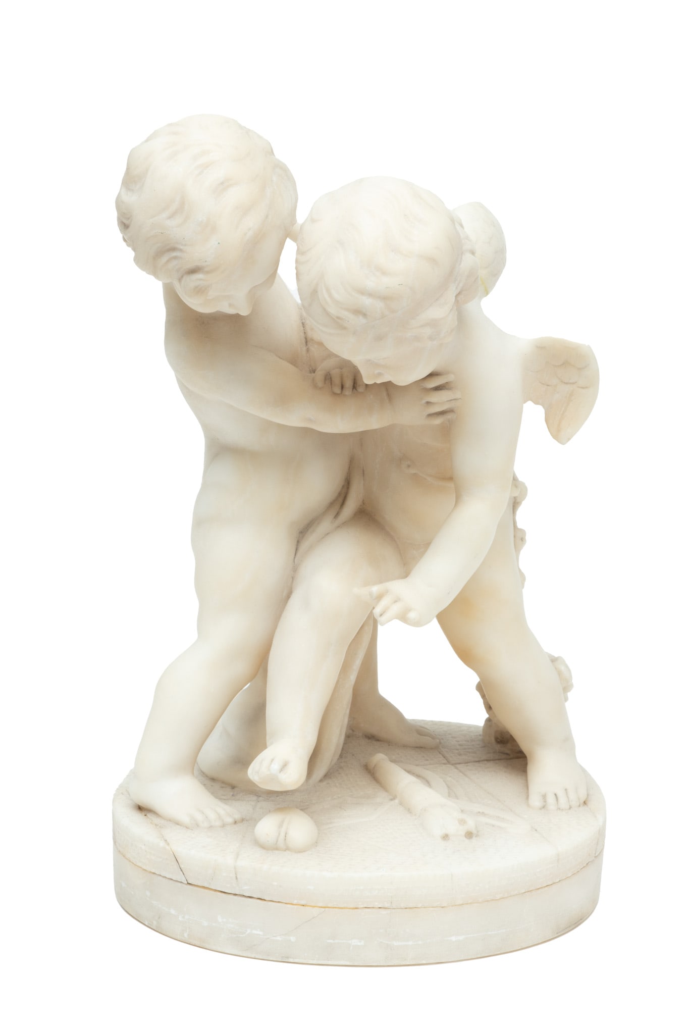 Eugenio Battiglia (Italian 19th C.) Carved Alabaster Sculpture, Ca. 1900, Deux Amours Se Disputant (1 of 5)