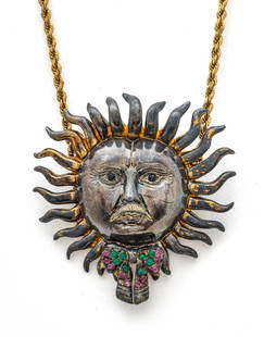 Sergio Bustamante (Mexican, B. 1949) Sterling Silver Sun Face Pendant & 14kt Gold Necklace, L 23.5": Sergio Bustamante (Mexican, B. 1949) Sterling Silver Sun Face Pendant & 14kt Gold Necklace, L 23.5" 48g | Signed and marked on reverse of pendant. Total weight: 48 grams.