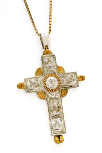 Sergio Bustamante (Mexican, B. 1949) Sterling Silver Cross Pendant With 14 Kt Yellow Gold Chain, L: Sergio Bustamante (Mexican, B. 1949) Sterling Silver Cross Pendant With 14 Kt Yellow Gold Chain, L 24" 46g | Signed and marked on reverse of pendant. Marked "14kt" on clasp. Total weight: 46 grams.