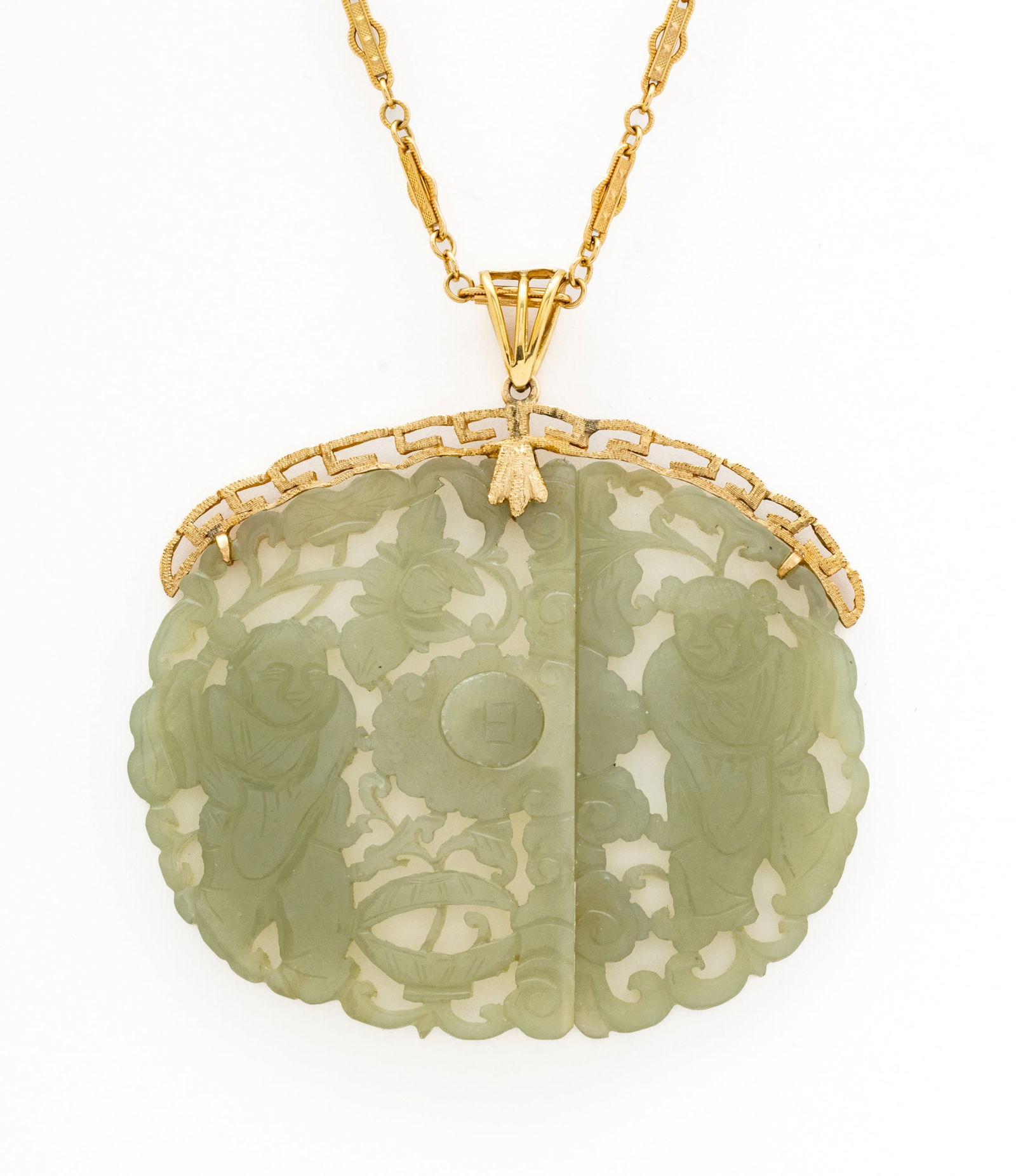 14kt Yellow Gold And Carved Jade Pendant, L 30" 47g (1 of 5)