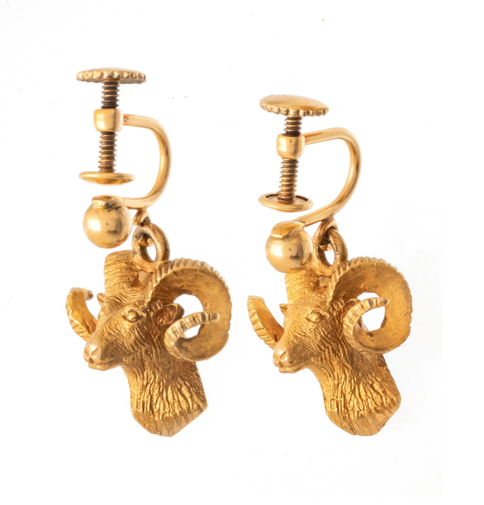 12K GF, "goat Head" Earrings Ca. 1930, 9.5g: 12K GF, "goat Head" Earrings Ca. 1930, 9.5g | Screw back. Impressed 12K gold filled. Provenance: From the Estate of Prominent Collector, Leon Zielinski, Macomb County, MI