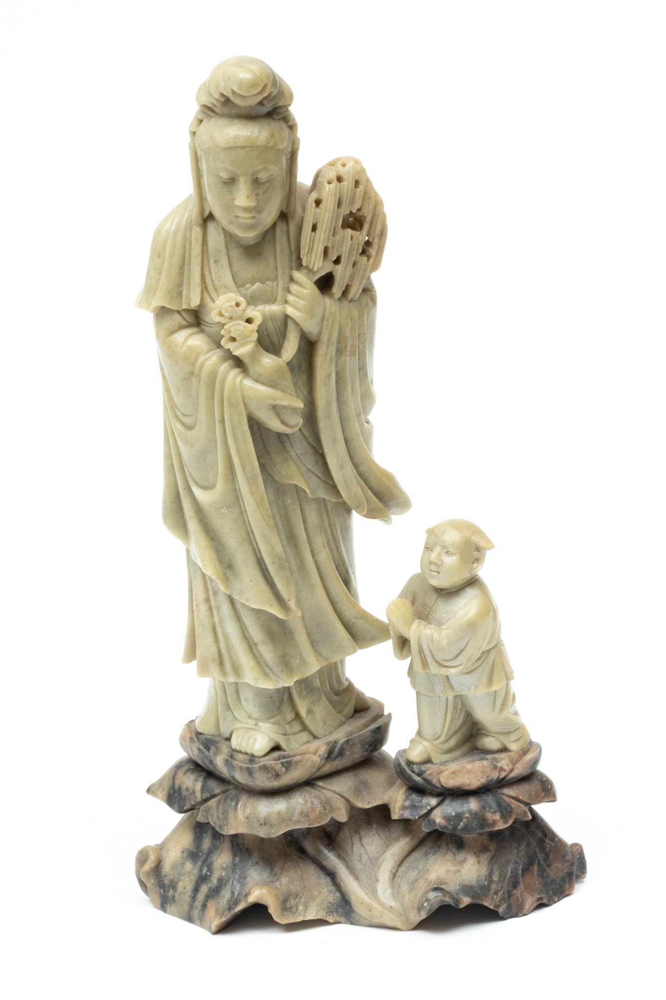 Chinese Carved Stone Quan Yin With Child And Holding Vase H 12": Chinese Carved Stone Quan Yin With Child And Holding Vase H 12" | Good detail. Well carved. Provenance: From the Estate of Prominent Collector, Leon Zielinski, Macomb County, MI