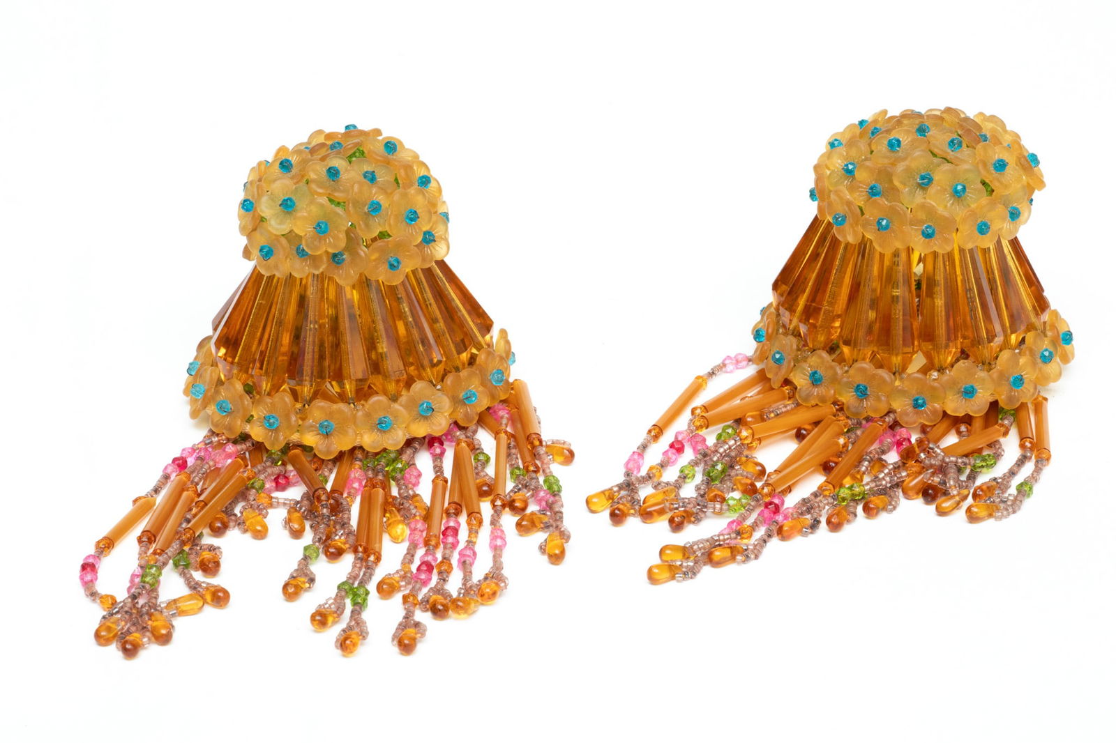 Czechoslovakian Glass Beaded Lamp Shades, Honey Amber Glass, Ca. 1920, H 7" Dia. 3.5" 1 Pair (1 of 3)
