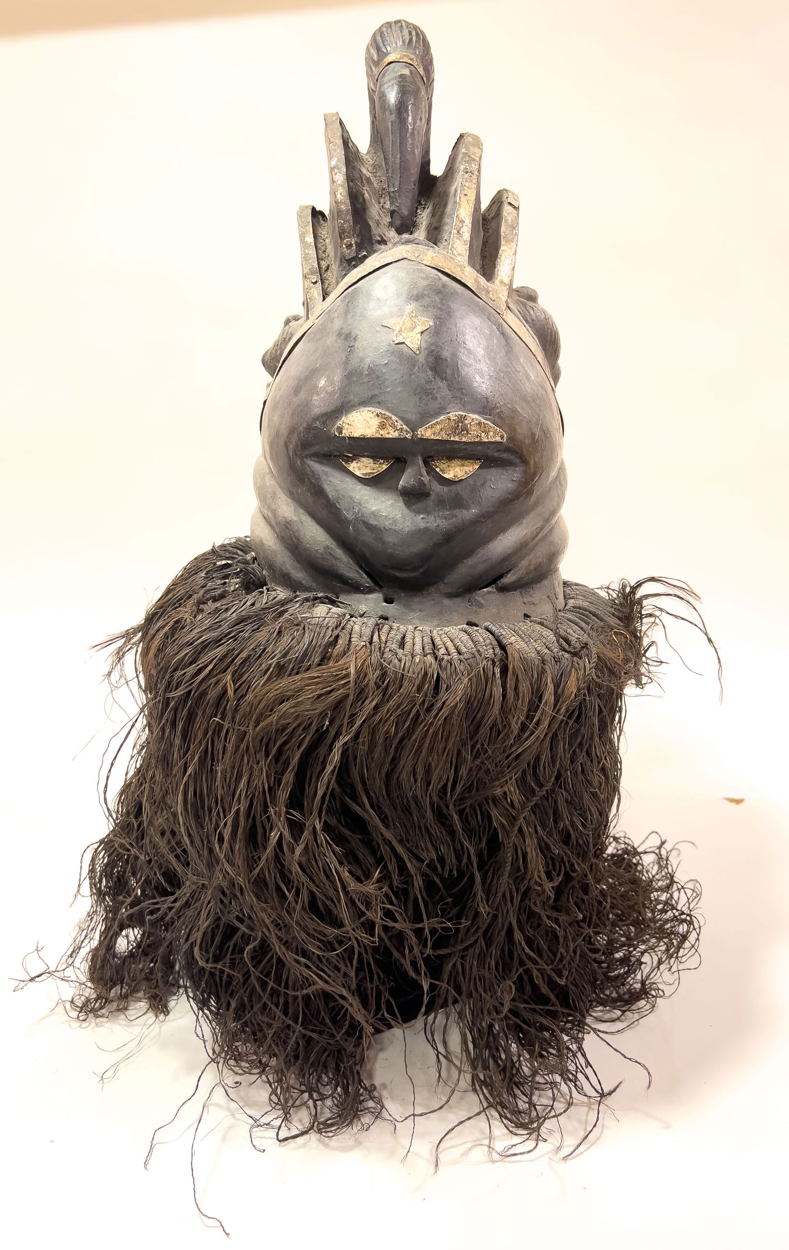 Sierra Leone Or Liberia, Polychromed Carved Wood, Rafia, And Metal Helmet Mask (Sowei/Bundu) H 15", (1 of 7)