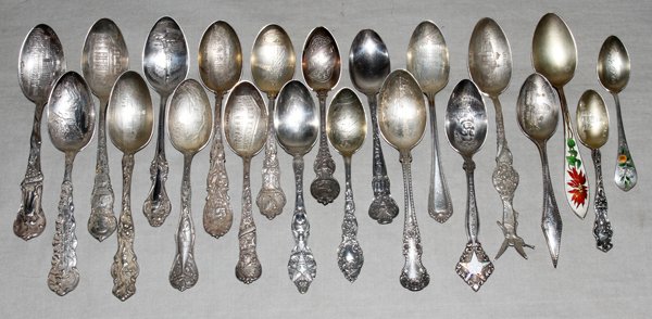 STERLING SILVER SPOON COLLECTION,: STERLING SILVER SPOON COLLECTION, TWENTY-ONE PIECES:Featuring three DAR spoons and destination spoons including Palm Beach, FL, Garden of Gods CO, San Diego Bay CA, U.S. Mint Co, Morman Temple UT, Ind