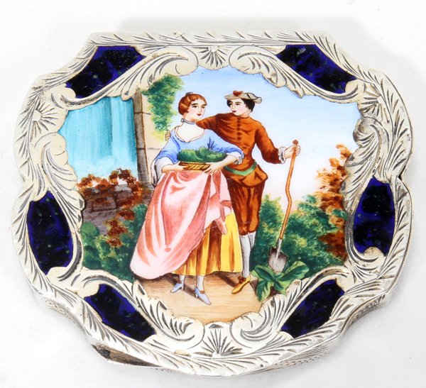 ITALIAN 800 SILVER & ENAMEL COMPACT,: ITALIAN 800 SILVER & ENAMEL COMPACT, H 1/4", L 2 3/4", D 3":Featuring a hand painted courting scene on the top and a hand chased floral motif on the underside. Marked Italy 800 inside.