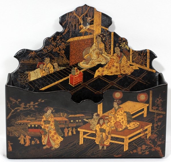 JAPANESE STYLE LACQUERED WOOD LETTER HOLDER: JAPANESE STYLE LACQUERED WOOD LETTER HOLDER, H 9", L 9 1/4":Lacquered in black with gold tone designs depicting village and interior scenes;
