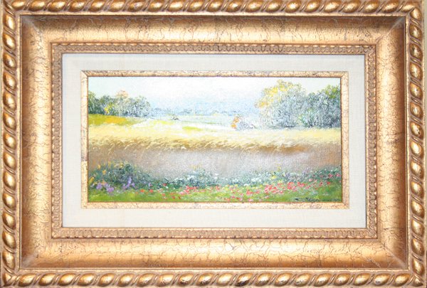 G. NESVADBA (GERMAN, B.1941), OIL ON CANVAS: G. NESVADBA (GERMAN, B.1941), OIL ON CANVAS, 8" X 16", WHEAT FIELD:depicts a lush wheat field with red wild flowers in the foreground, signed lower right, gilt wood frame;