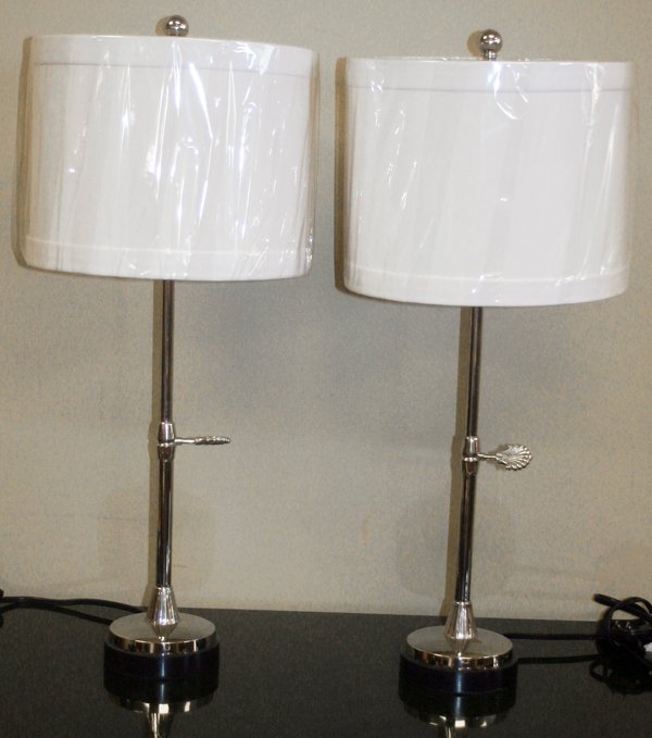 WILDWOOD PLATED METAL STICK LAMPS: WILDWOOD PLATED METAL STICK LAMPS, LATE 20TH C, PAIR, H 25" W/SHADE:having adjustable plated metal shafts, spherical finials with black stone bases; label on underside inscribed: 'Made In India'; dime