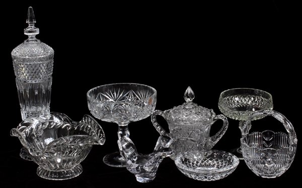 GLASS FIGURE & TABLEWARE, EIGHT PIECES: GLASS FIGURE & TABLEWARE, EIGHT PIECES, H 1 3/4" - 17":Including 1 blown glass figure of a bird together with cut, pressed and mold blown glass tableware which includes 1 covered double handle dish, 1