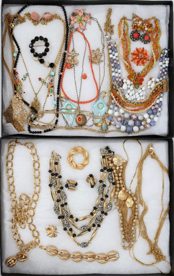 COSTUME JEWELRY, 53 PIECES: COSTUME JEWELRY, 53 PIECES:Alice Caviness, Monet, Napier, Kramer necklaces, earrings and bracelet. On 2 trays.