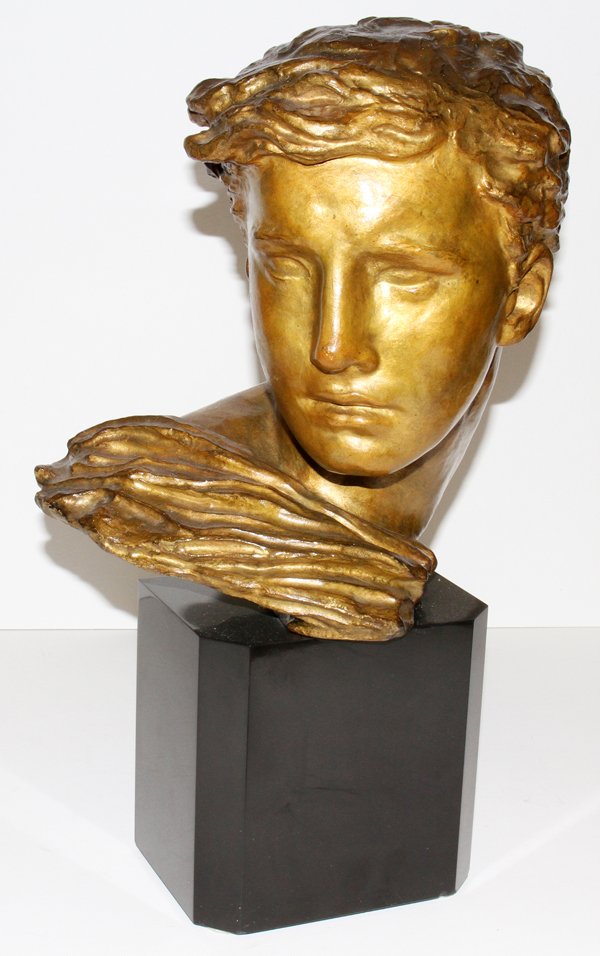 ALEXANDRE KELETY GILT BRONZE SCULPTURE, 12" X: ALEXANDRE KELETY (HUNGARIAN, 1918-1940), GILT BRONZE SCULPTURE, 12" X 11", HEAD OF A MAN:Signed on the back and stamped with a foundry mark "L.N. Paris J.L.". On a marble base.