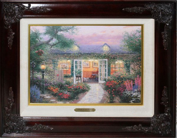 THOMAS KINKADE PRINT ON CANVAS, #47/400, 12": THOMAS KINKADE (1947-2012), PRINT ON CANVAS, #47/400, 12" X 16", 'STUDIO IN THE GARDEN':An offset color lithograph on canvas embellished with oil. Thomas Kinkade, American, 1947-2012.
