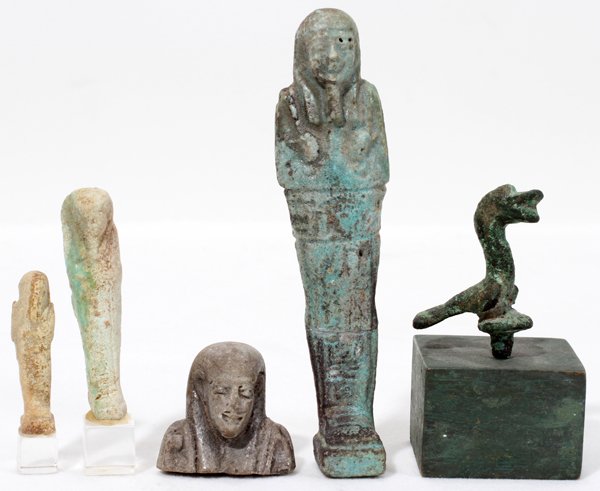 EGYPTIAN FAIENCE USHABTI FIGURES (3) & 2 OTHER: EGYPTIAN FAIENCE USHABTI FIGURES (3) & 2 OTHER FIGURES, FIVE, H 1 1/4"-4 1/2":Including 3 faience figures (1 has been repaired) together with 1 clay bust and 1 bronze figure of an animal mounted on a