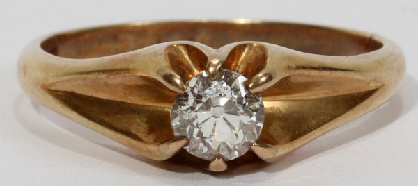 14KT YELLOW GOLD & EUROPEAN CUT DIAMOND RING,: 14KT YELLOW GOLD & EUROPEAN CUT DIAMOND RING, EARLY 20TH C.:A single round, Old European cut diamond measuring approximately 5/8ct and set in 14kt yellow gold. Weighs approximately 4.2 grams. Size 7 1
