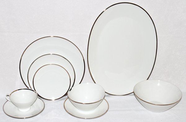 ROSENTHAL SILVER-BANDED PORCELAIN DINNER SET: ROSENTHAL SILVER-BANDED PORCELAIN DINNER SET, 67 PIECES (SERVICE FOR TWELVE):Including 13 dinner plates, Dia.10 1/2", 13 salad plates, Dia.7 3/4", 13 bread-and-butter plates, Dia.6", 12 cups and 13 sa