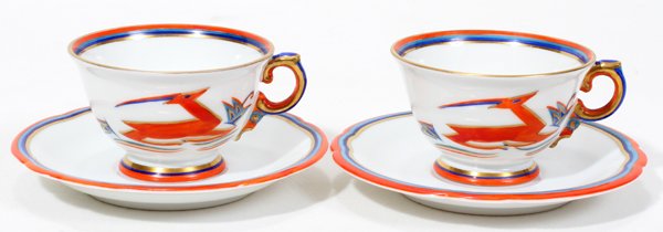 KURT WENDLER PORCELAIN DEMI TASSE CUPS/SAUCERS: KURT WENDLER FOR ROSENTHAL PORCELAIN DEMI TASSE CUPS & SAUCERS, 22 SETS:Kurt Wendler designs. 14 saucers, 10 cups with gazelle design. 12 cups, 12 saucers with elephant design. Circa 1924.