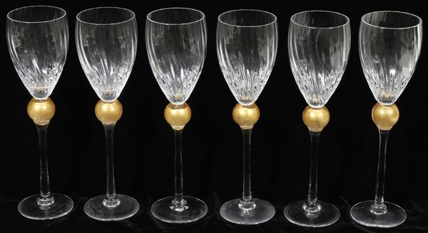 UNION STREET GLASS WINES, BY GUY CORRIE, SIX,: UNION STREET GLASS WINES, BY GUY CORRIE, SET OF SIX, H 10":Each with a twisted bowl that is situated on a gold sphere atop of the stem. Each is signed and dated. Actual height is 10 3/8".