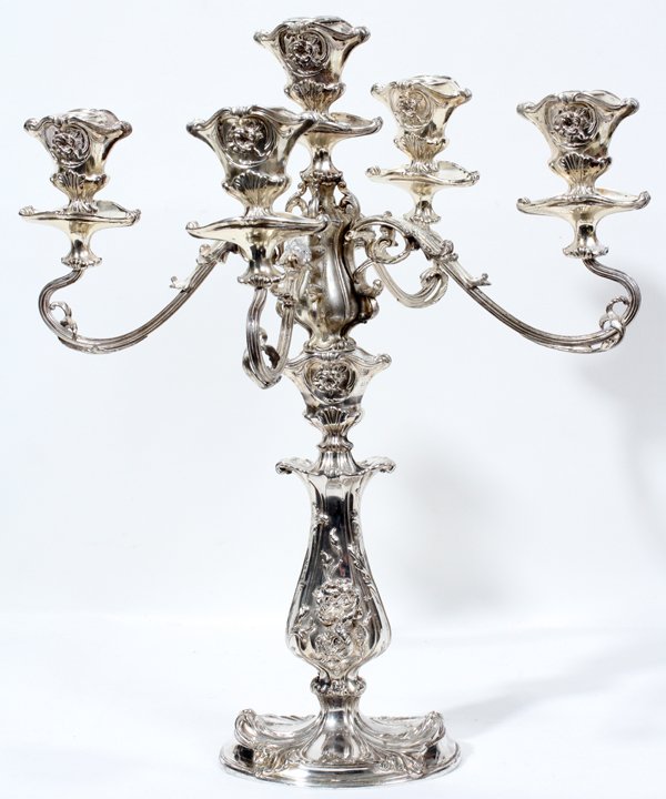 PAIRPOINT SILVER PLATE CONVERTIBLE CANDELABRUM,: PAIRPOINT SILVER PLATE CONVERTIBLE CANDELABRUM, H 18 1/2", W 16":Stamped "Pairpoint Quadruple Plate B6102".