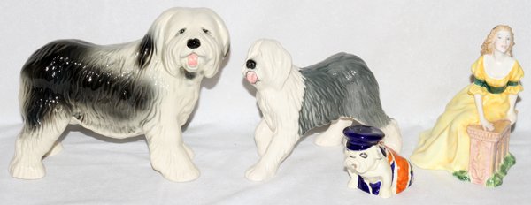 ROYAL DOULTON PORCELAIN FIGURES & ANOTHER: ROYAL DOULTON PORCELAIN FIGURES (3) & ANOTHER FIGURE, H 2 3/4"-7":Royal Doulton porcelain figures include 1 sheep dog, 1 bull dog wearing Union Jack, and 1 seated lady, "Judith", HN 2278, together wit