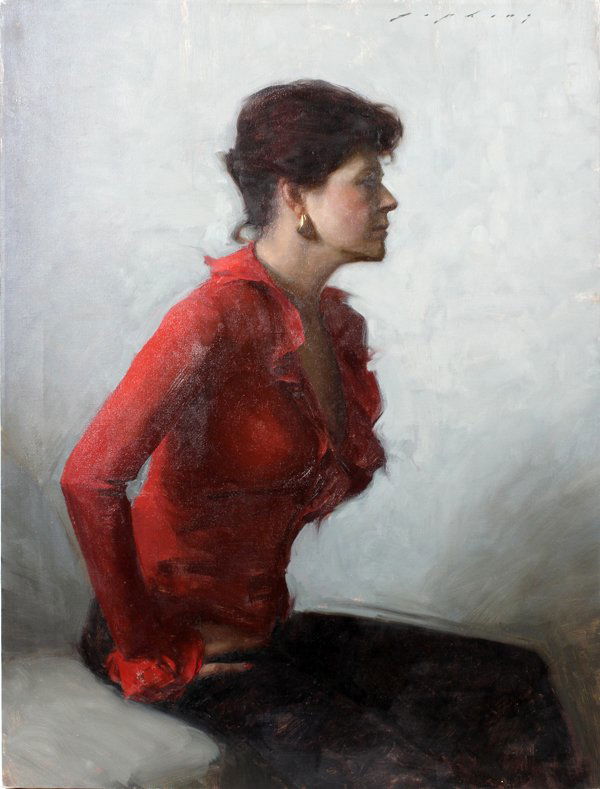 JEREMY LIPKING, OIL ON CANVAS,"WOMAN IN RED": JEREMY LIPKING [US B. 1975] OIL ON CANVAS 40" X 30" "WOMAN IN RED":Depicting, in the realist style, a seated woman in a red blouse. Signed upper right and unframed.