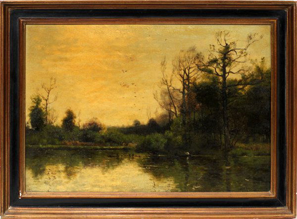 CHARLES HENRY EATON, AMER B. 1850 OIL ON BOARD: CHARLES HENRY EATON, AMER B. 1850 OIL ON BOARD, MAN IN BOAT ON WOODED LAKE, 13" X 20":Charles Harry Eaton (AMERICAN, 1850-1901)