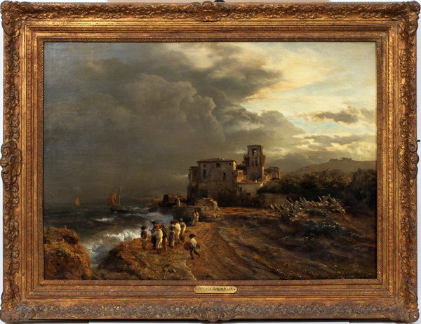 OSWALD ACHENBACH [GERMAN], OIL/CANVAS: OSWALD ACHENBACH [GERMAN 1827-1905], OIL ON CANVAS, 25" X 36", "VERSCHATTETE LANDSCHAFT":"Verschattete Landschaft am Meer mit Figurenstaffage" (coastal village). Signed lower right. Famed. 1805 RIE 36