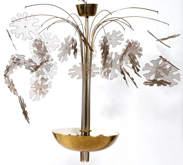 PAAVO TYNELL (1890-1973), BRASS CHANDELIER,: PAAVO TYNELL (1890-1973), BRASS CHANDELIER, C.1950, H 32", DIA 15" (36" TO THE ARMS):Signed with impressed manufacturer's mark to the fixture "TT 9041 Taito Made in Finland" (see additional photo). Pa