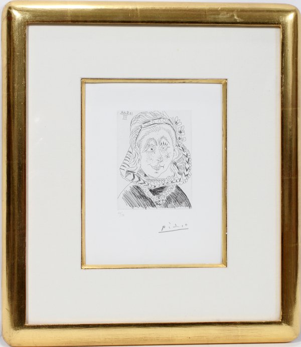 PABLO PICASSO (SPANISH 1881-1973), ETCHING,: PABLO PICASSO (SPANISH 1881-1973), ETCHING, 4 9/16" X 3 1/2" PLATE, PLATE 265 FROM "SERIES 347":#21/50; pencil signed; print executed by the workshop of the Crommelynck Brothers, Mougins, France; 1968