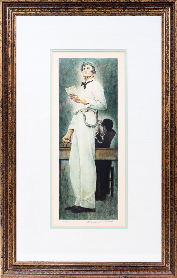 NORMAN ROCKWELL (1894-1978), LITHOGRAPH: NORMAN ROCKWELL (AMERICAN, 1894-1978), LITHOGRAPH, 153/200, 22" X 8", 'LINCOLN FOR THE DEFENSE':Numbered and signed in pencil at the lower margin. Matted, under glass and framed.