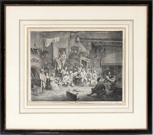 ADRIAEN VAN OSTADE, ETCHING, 10" X 12 1/2",: ADRIAEN VAN OSTADE, ETCHING, 10" X 12 1/2", "THE DANCE IN THE INN":Plate signed; framed.