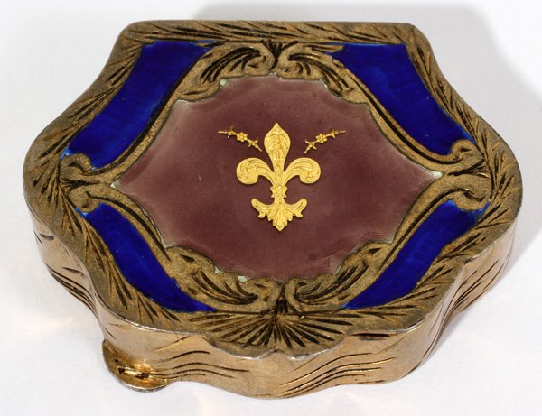 ITALIAN .800 SILVER, VERMEIL & ENAMELED BOX,: ITALIAN .800 SILVER, VERMEIL & ENAMELED BOX, 1 3/4" X 1 3/8":Having an enamel enhanced cover with a fleur de lis at the center. Stamped at the interior with "015", "Made in Italy", "800", and a worn N