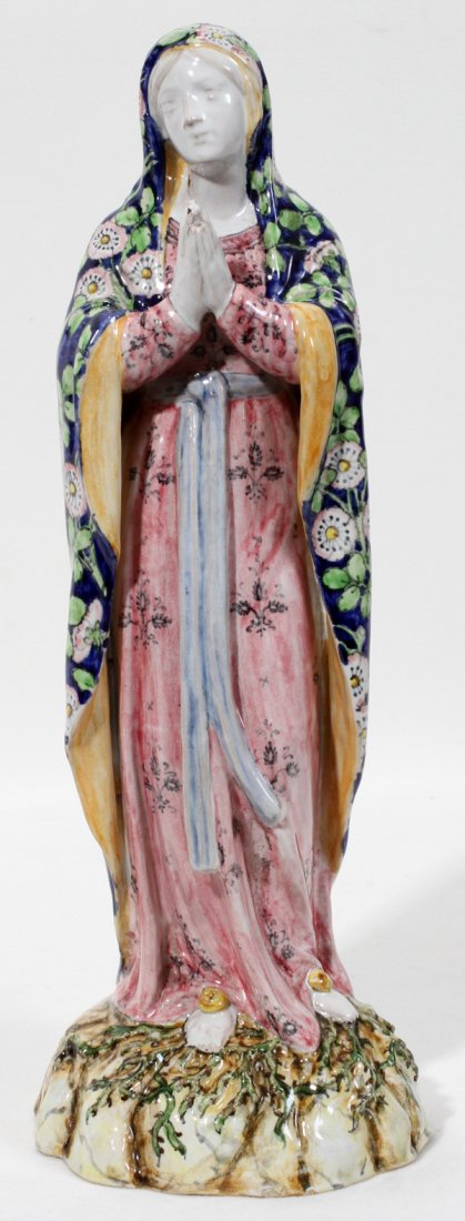 FAIENCE POTTERY MADONNA, H 12": FAIENCE POTTERY MADONNA, H 12":