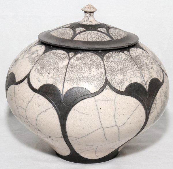 ANDY SMITH MARSHVILLE RAKU STUDIO COVERED JAR: ANDY SMITH MARSHVILLE, NC RAKU STUDIO ART POTTERY COVERED JAR, 1985, H 8 1/2", DIA 9 1/2":Signed and dated on underside.