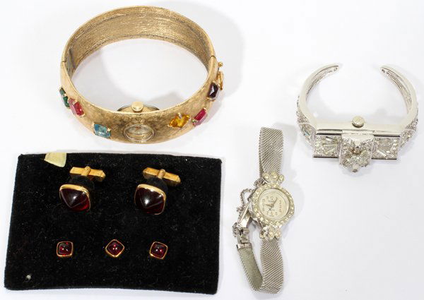 COSTUME JEWELRY: INCLUDING WATCHES & A STUD SET: COSTUME JEWELRY: INCLUDING WATCHES & A STUD SET, EIGHT PIECES:Including 3 watches and a 5 piece Swank stud set.