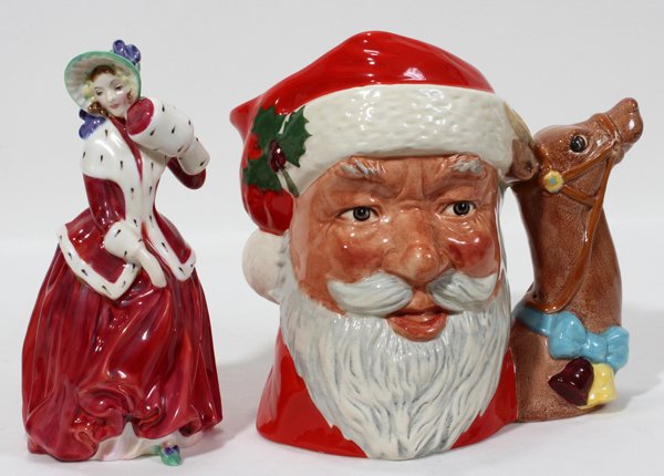 ROYAL DOULTON FIGURE & CHARACTER PITCHER TWO: ROYAL DOULTON FIGURE & CHARACTER PITCHER TWO, H 7":Including 1 "Christmas Morn" figure, HN 1992, and 1 "Santa Claus" character pitcher, D. 6675. Both measure 7 1/4" in height.