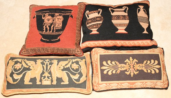 NEEDLEPOINT PILLOWS, FOUR: NEEDLEPOINT PILLOWS, FOUR:One is 13" x 13"; one is 10" x 18"; one is 8" x 10" and one is 13" x 18". Classic themes.