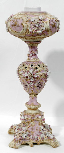 GERMAN ANTIQUE PORCELAIN OIL LAMP BASE: GERMAN ANTIQUE PORCELAIN OIL LAMP BASE, H 17 1/2", W 9":Covered with small raised pale pink flowers.