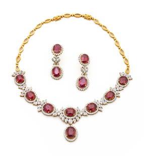 Ruby, Diamond & 22kt Yellow Gold Necklace And Matching Earrings, L 18" 95g 3 pcs: Ruby, Diamond & 22kt Yellow Gold Necklace And Matching Earrings, L 18" 95g 3 pcs | the necklace offers eight rubies (measuring approximately 13mm X 10mm, individually) accented with approximately 268