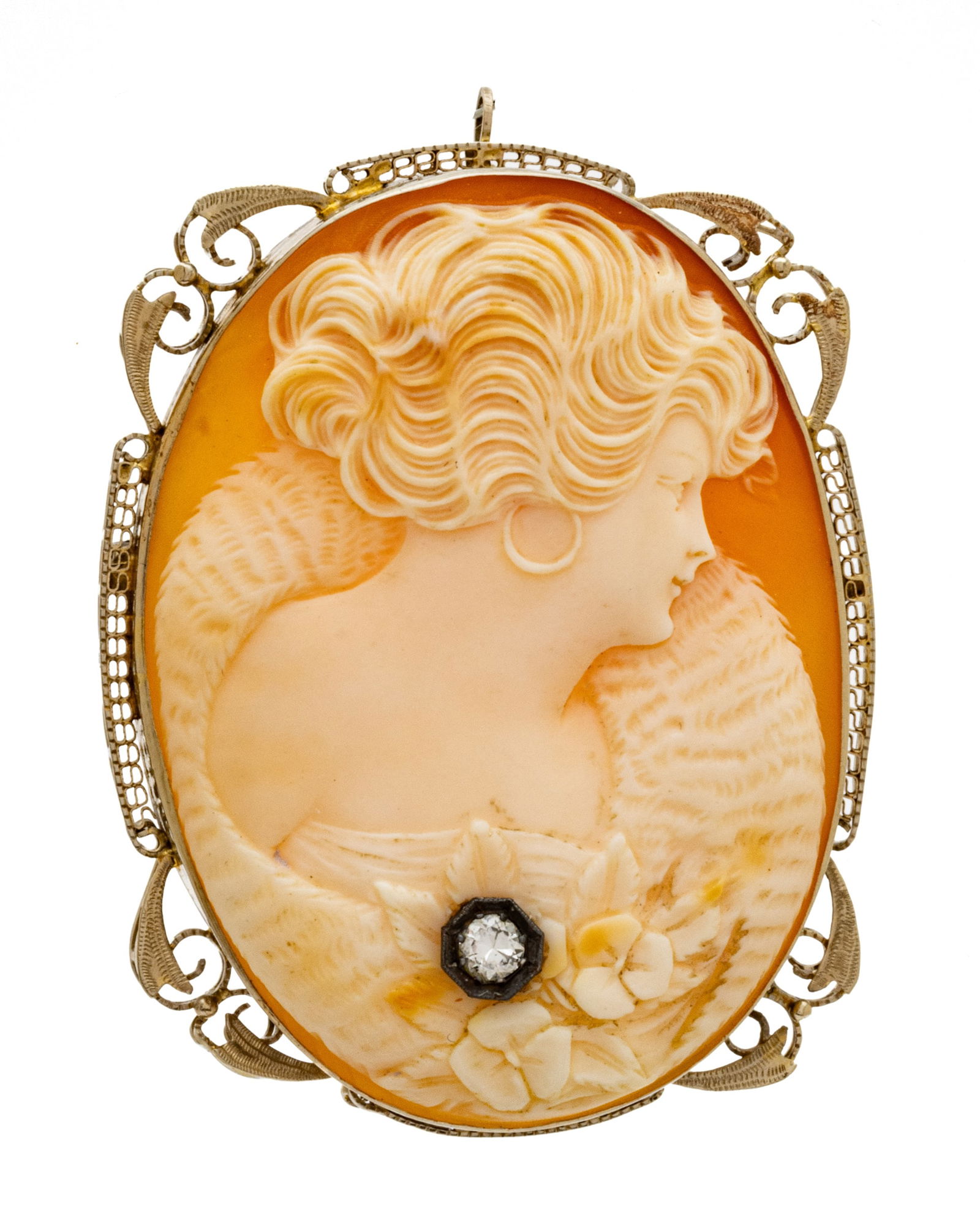 Art Nouveau 14k White Gold, Carved Cameo Pendant Brooch, Diamond Accent Ca. 1900, H 2" (1 of 6)
