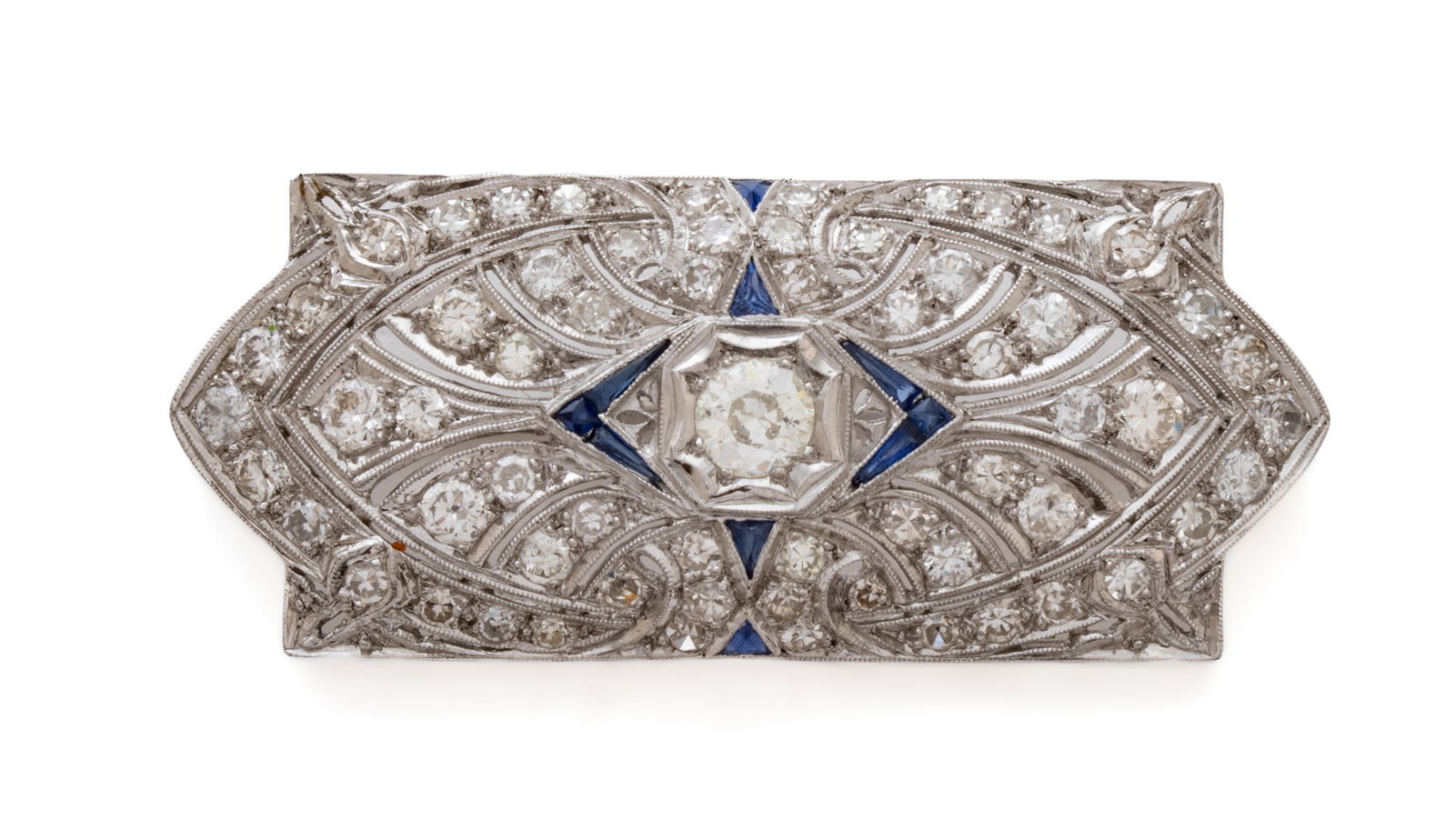 Art Deco Diamond And Sapphire Brooch, Ca. 1930, W 2" 11g (1 of 6)