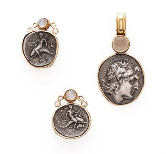 Ancient Greek Coins Now Earrings And Pendant, Ca. 380 BC, H 2.2" 40g 3 pcs: Ancient Greek Coins Now Earrings And Pendant, Ca. 380 BC, H 2.2" 40g 3 pcs | Choker set with moonstones and Zeres coin. Pair earrings set with 7mm. moonstones. 14K yellow gold. Property of a Grosse Po