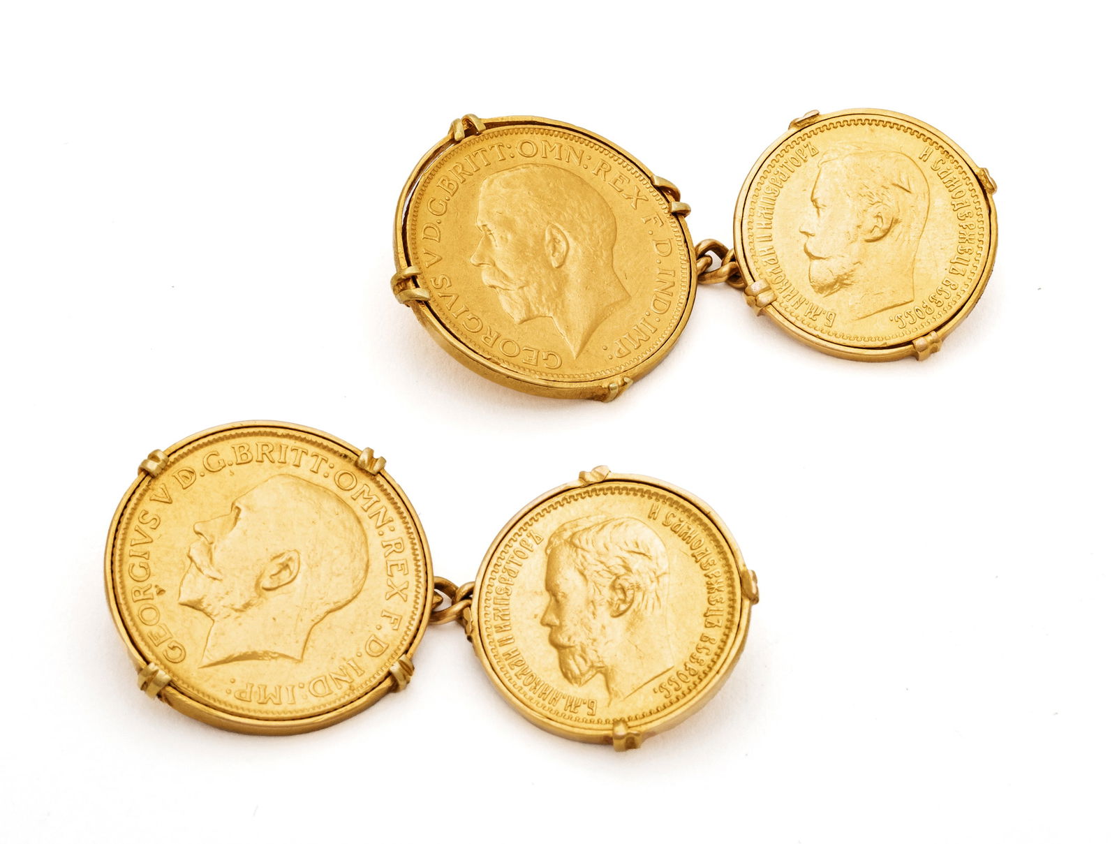 Russian 5 Rouble Gold Coin & King George V Sovereign Gold Coin Cufflinks, 1898 & 1920, L 1.5" 33g 1 (1 of 4)